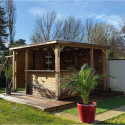 Pool house en bois thermo traité 12,31m² BLUETERM, 2 parois avec ventelles et 2 parois avec comptoirs - HABRITA