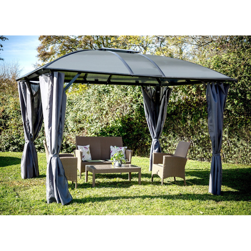 Gloriette aluminium anthracite 10,80m² avec rideaux HABRITA