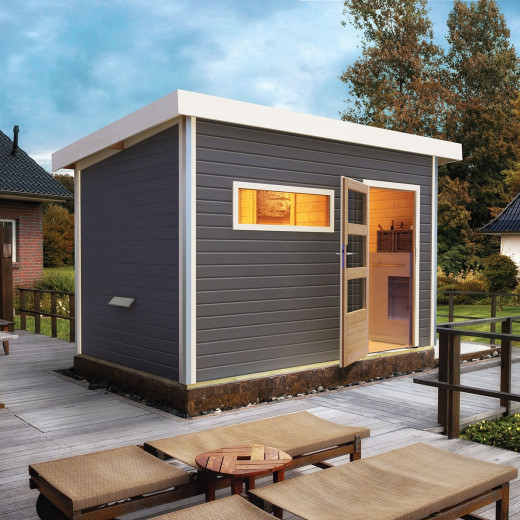Sauna d'extérieur en bois SKROLLAN 2 anthracite 38mm 4 à 6 places avec porte moderne et vestibule - KARIBU