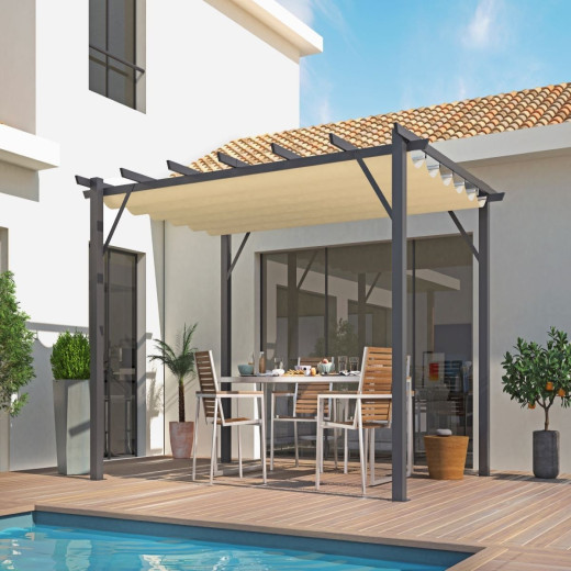 Pergola 100% aluminium anthracite 12m² avec toile d'ombrage écru HABRITA