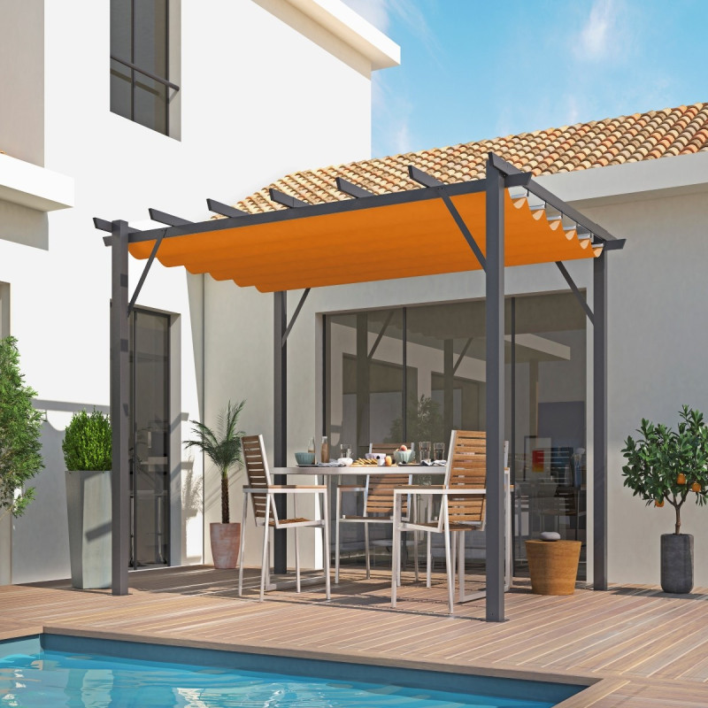 Pergola 100% aluminium gris anthracite 12m² avec toile d'ombrage rouille 140gr/m² HABRITA