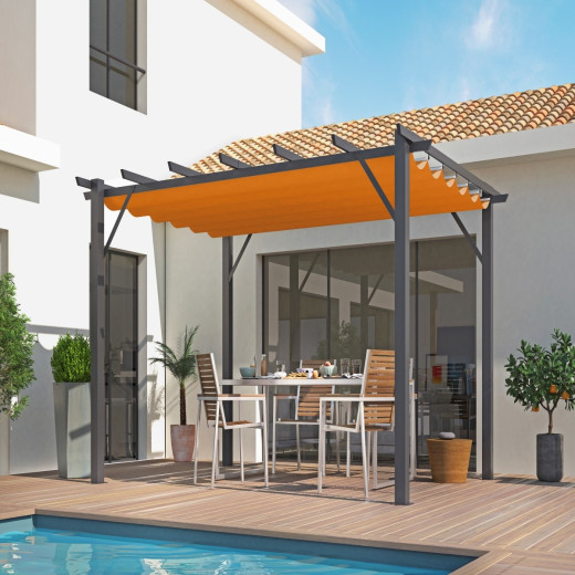 Pergola 100% aluminium gris anthracite 12m² avec toile d'ombrage rouille 140gr/m² HABRITA