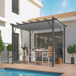 Pergola 100 % aluminium gris anthracite 12m² avec toile d'ombrage gris 140gr/m² HABRITA