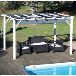 Pergola 100% aluminium coloris blanc 12m² avec toile d'ombrage gris 140gr/m² HABRITA