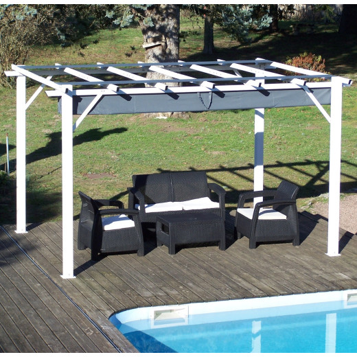 Pergola 100% aluminium coloris blanc 12m² avec toile d'ombrage gris 140gr/m² HABRITA