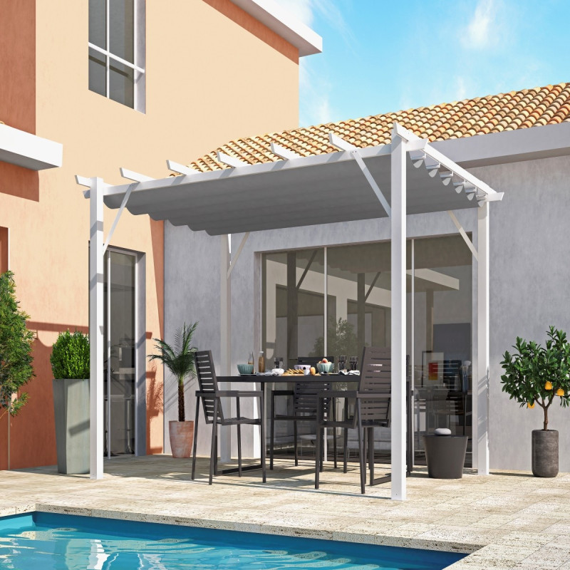 Pergola 100% aluminium coloris blanc 12m² avec toile d'ombrage gris 280gr/m² HABRITA