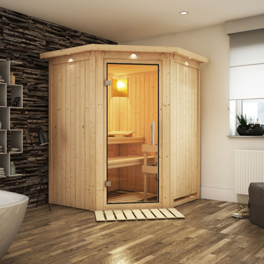 Sauna traditionnel d'angle LARIN 3 à 4 places 68mm avec couronne et porte en verre claire KARIBU