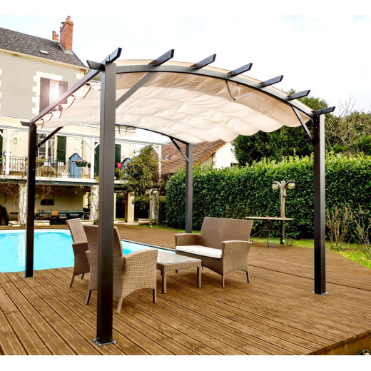 Pergola arche aluminium/acier gris anthracite 11,22m² avec toit en toile polyester 140gr/m² écru HABRITA