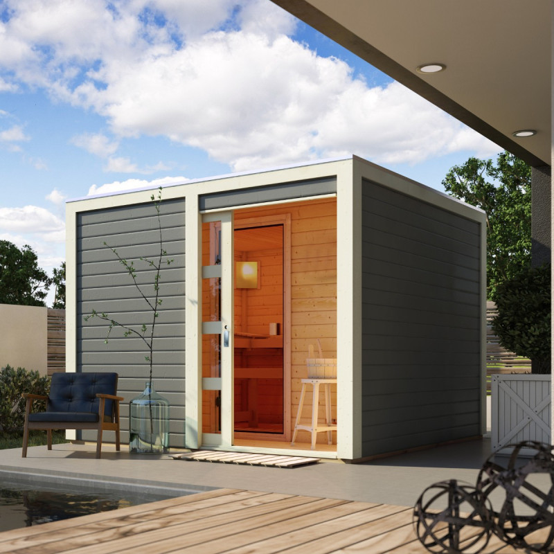 Sauna extérieur Cuben bois laqué gris avec vestibule 5 à 6 places 38mm KARIBU