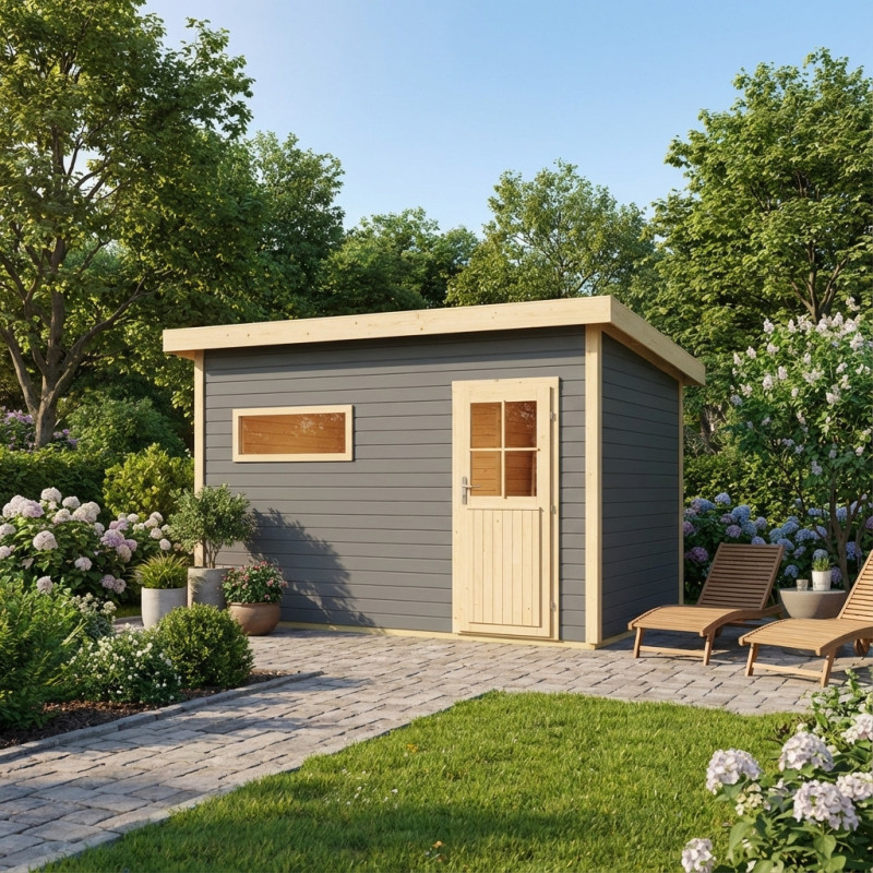 Sauna extérieur SUVA 3 bois laqué gris avec vestibule 6 à 7 places 38mm - Karibu