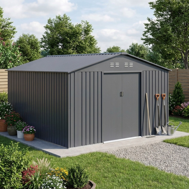 Abri de jardin métal 13m² FIRST anthracite + kit d'ancrage X-METAL