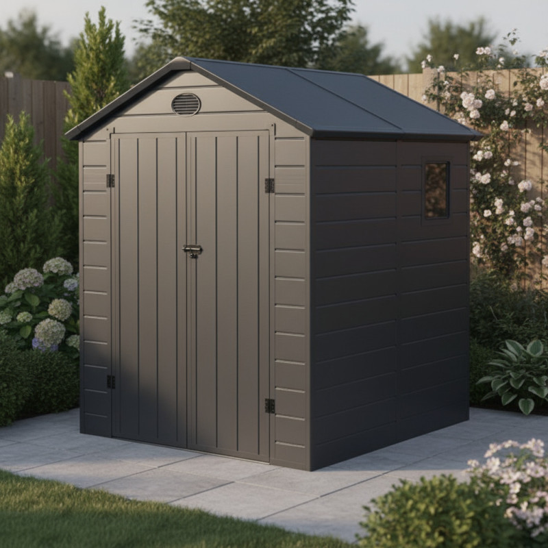 Abri de jardin en résine anthracite 3,65m² + kit de fondation - JOBU