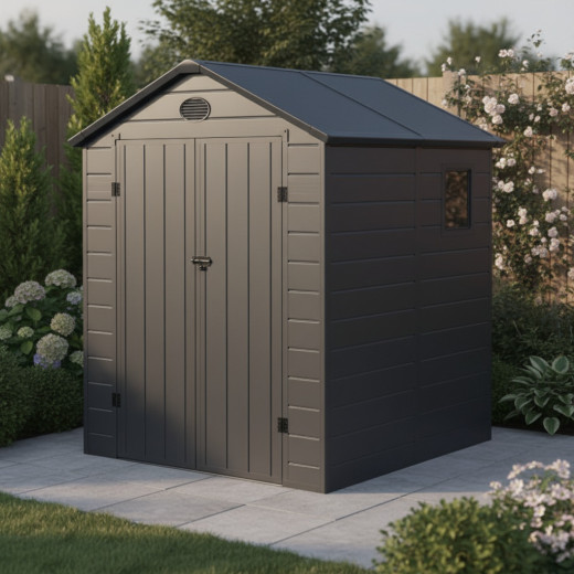 Abri de jardin en résine anthracite 3,65m² + kit de fondation - JOBU
