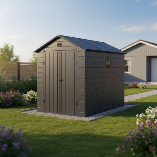 Abri de jardin en résine anthracite 5,32m² + kit de fondation - JOBU
