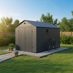 Abri de jardin en résine anthracite 8,90m² + kit de fondation - JOBU