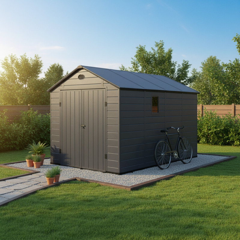 Abri de jardin en résine anthracite 8,90m² + kit de fondation - JOBU