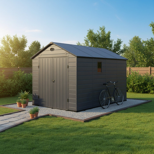 Abri de jardin en résine anthracite 8,90m² + kit de fondation - JOBU