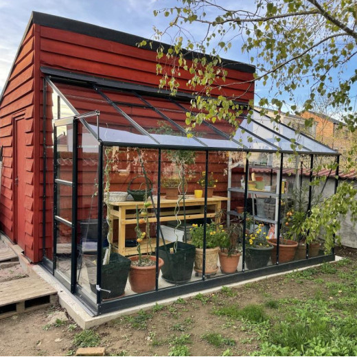 Serre adossée Prima 7,22m² en aluminium anthracite et verre trempé 4mm - Green Protect