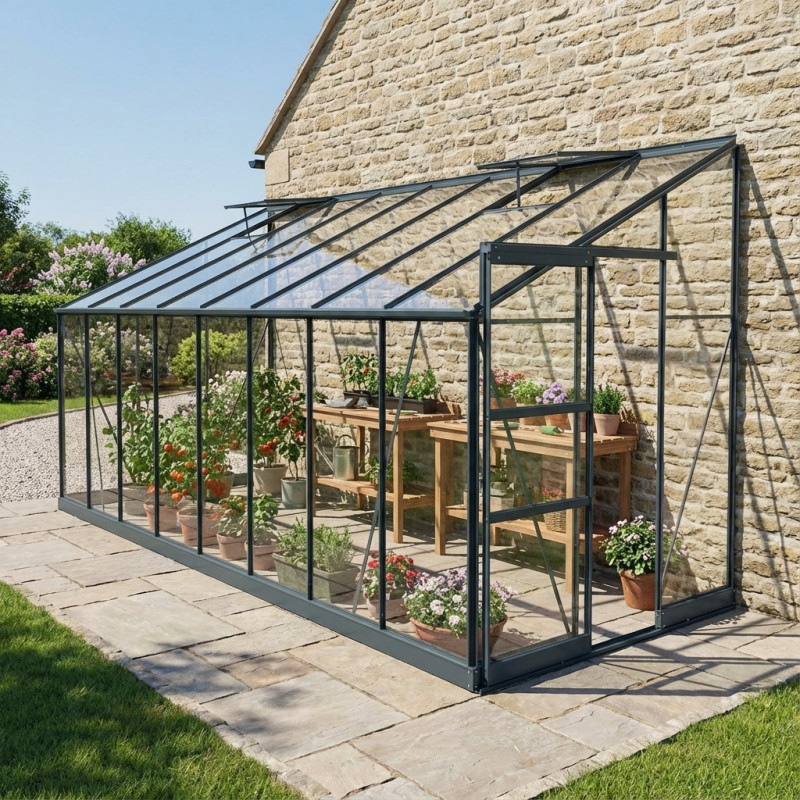 Serre adossée Prima 9,63m² en aluminium anthracite et verre trempé 4mm - Green Protect