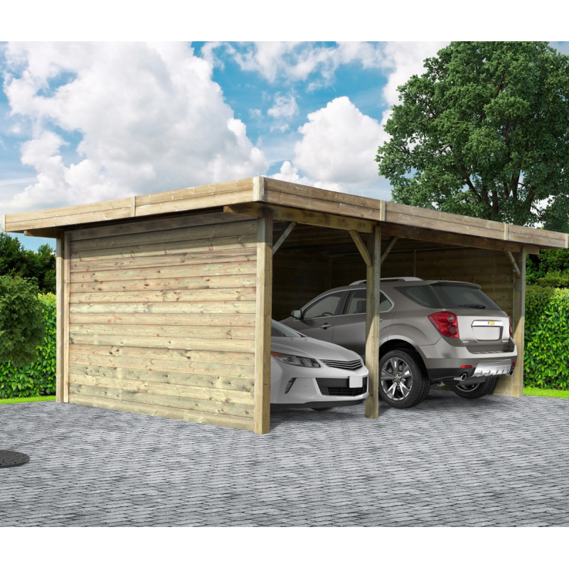 Carport configuré 7x5x2,5m en bois traité autoclave avec 3 parois latérales pleines - SOLID 