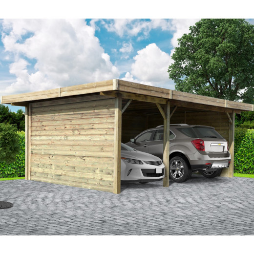 Carport configuré 7x5x2,5m en bois traité autoclave avec 3 parois latérales pleines - SOLID 