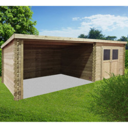 Abri de jardin Rohan 8,88m² en bois traité autoclave 28mm avec terrasse couverte - SOLID