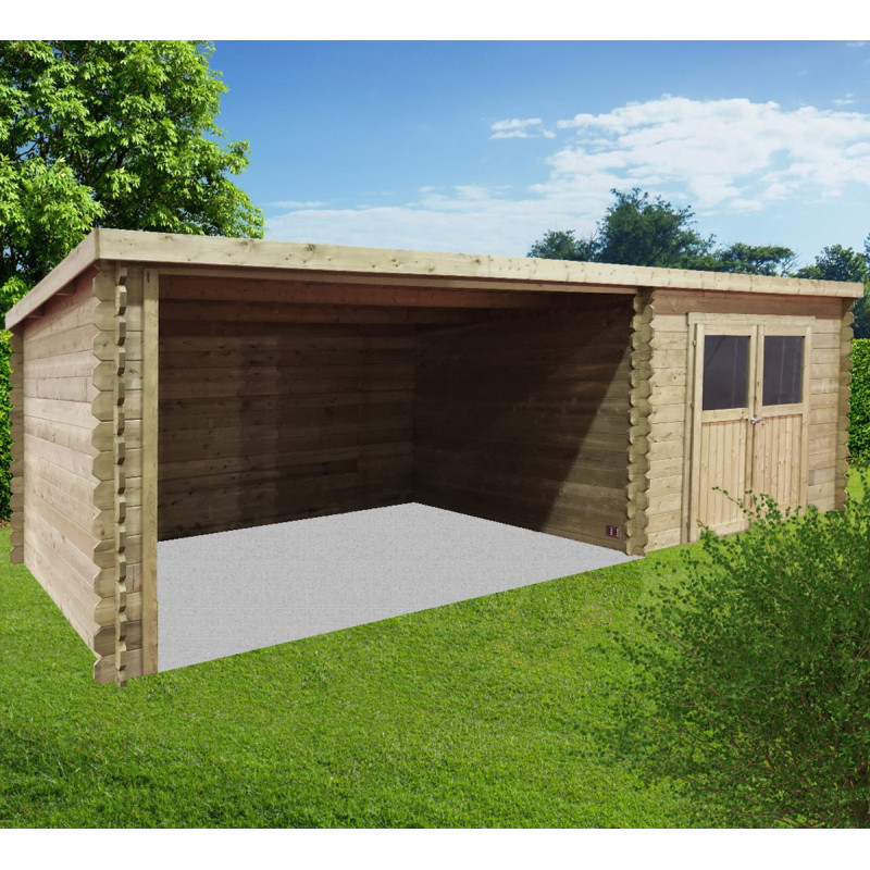 Abri de jardin Rohan 8,88m² en bois traité autoclave 28mm avec terrasse couverte - SOLID