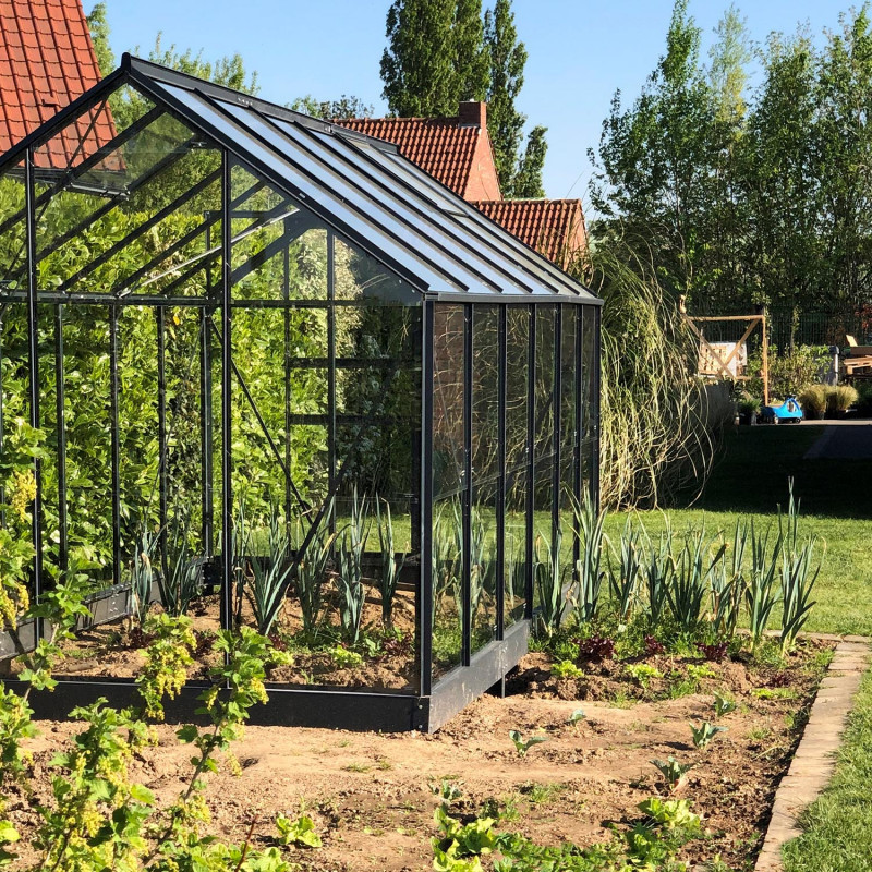 Serre Allium Venus 7,3m² en aluminium laqué gris et verre trempé 3mm + embase incluse - Natura Lams