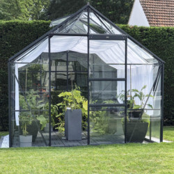 Serre Carvi Merkur 8,10m² en aluminium laqué gris et verre trempé 3mm + embase incluse - Natura Lams