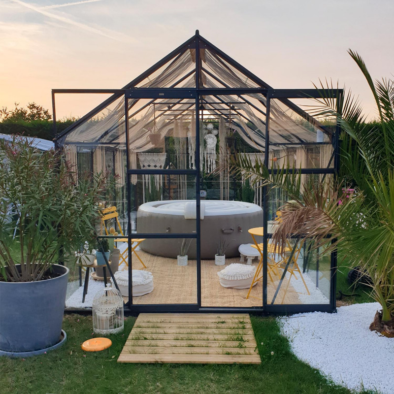 Serre Laurus Uranus 11,45m² en aluminium laqué gris et verre trempé 3mm + embase incluse - Natura Lams