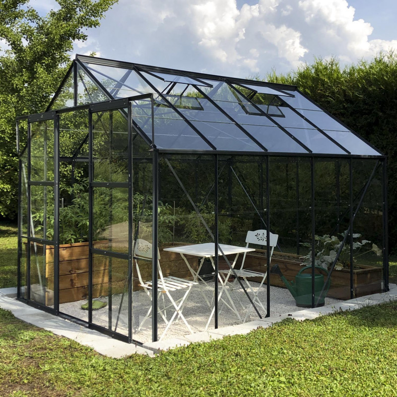 Serre Laurus Uranus 8,25m² en aluminium laqué gris et verre trempé 3mm + embase incluse - Natura Lams