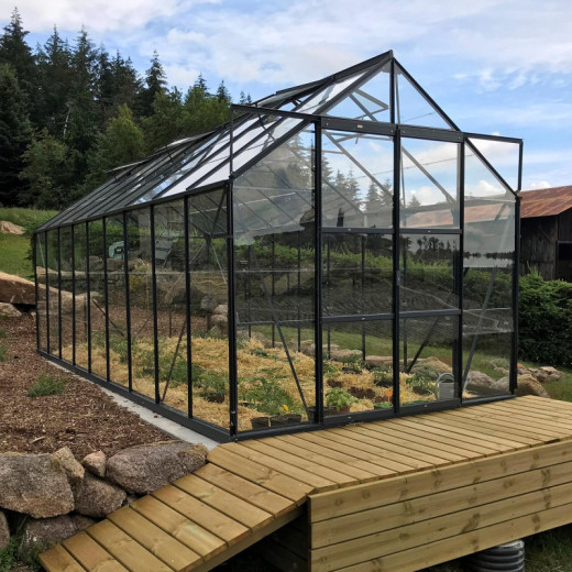 Serre Laurus Uranus 14,65m² en aluminium laqué gris et verre trempé 3mm + embase incluse - Natura Lams