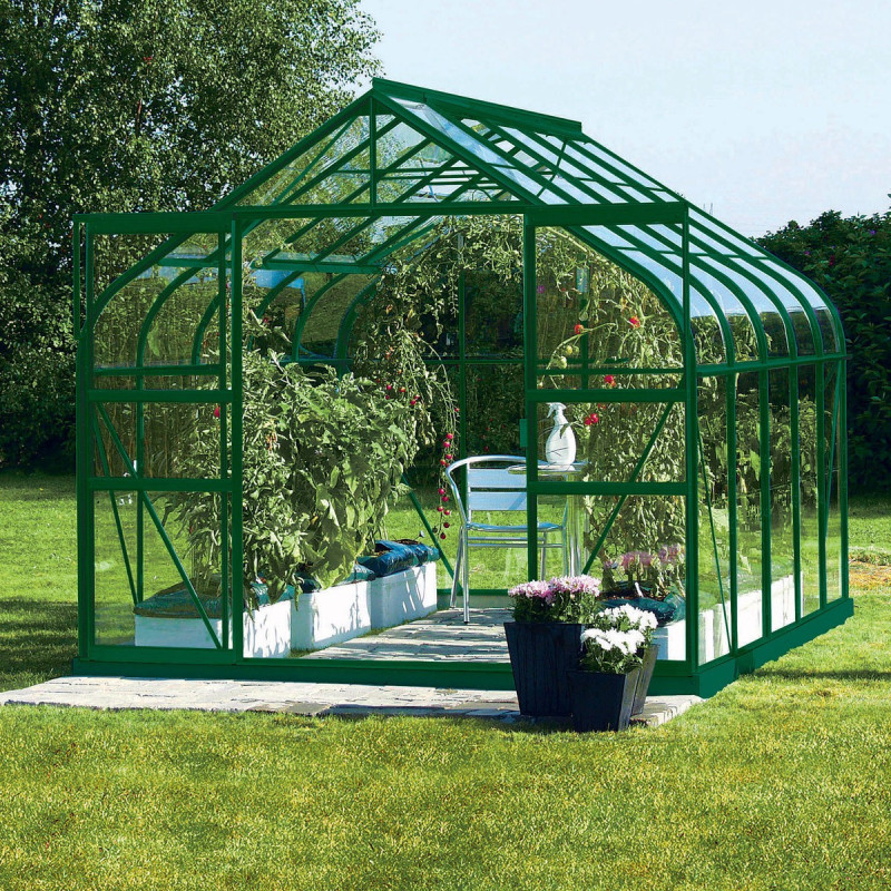 Serre Aloé Diana 8,10m² en aluminium laqué vert et verre trempé 3mm + embase incluse - Natura Lams