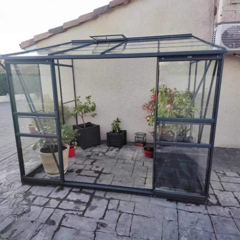 Serre Melissa Ida 4,9m² en aluminium laqué gris et verre trempé 3mm + embase incluse – Natura Lams