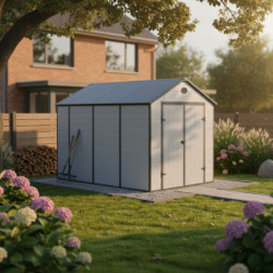 Abri de jardin en résine gris 8,90m² + kit de fondation - JOBU