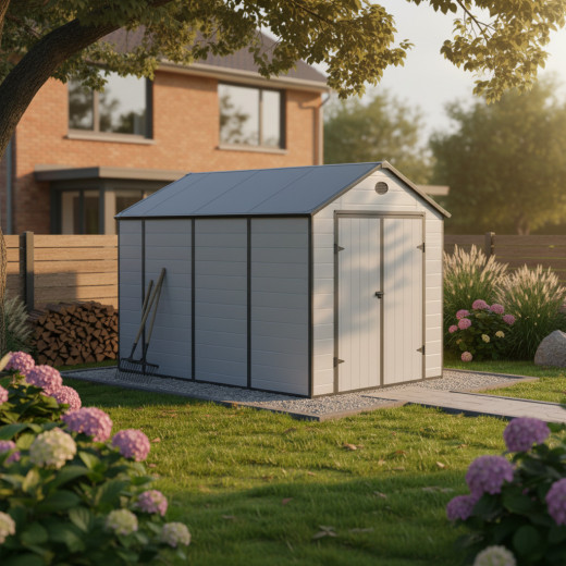 Abri de jardin en résine gris 8,90m² + kit de fondation - JOBU