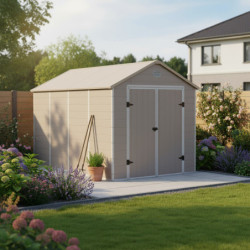 Abri de jardin en résine beige 8,90m² + kit de fondation - JOBU
