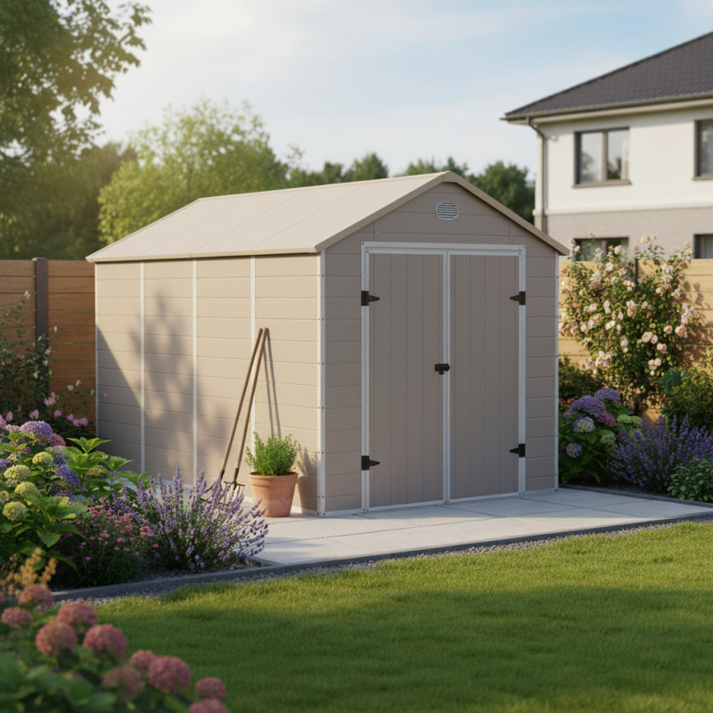 Abri de jardin en résine beige 8,90m² + kit de fondation - JOBU