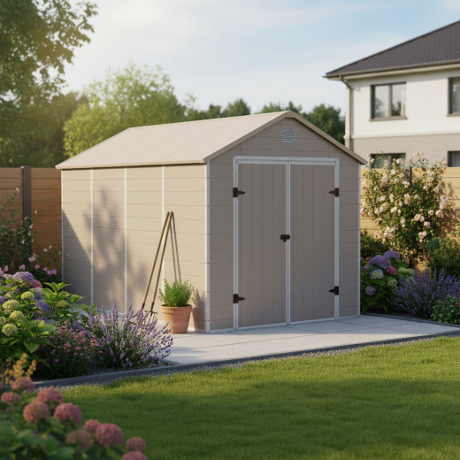 Abri de jardin en résine beige 8,90m² + kit de fondation - JOBU