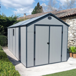Abri de jardin en résine gris 11m² + kit de fondation - JOBU