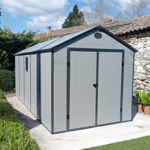 Abri de jardin en résine gris 11m² + kit de fondation - JOBU