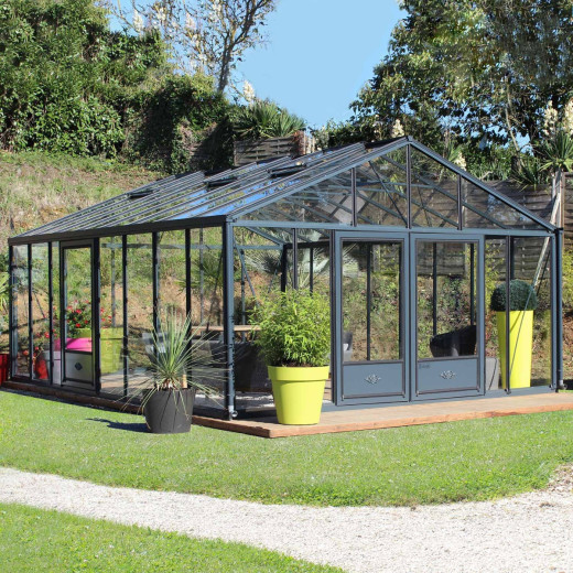 Serre de jardin SUPRA 34,70m² en aluminium laqué et verre trempé 4mm + embase incluse - Lams