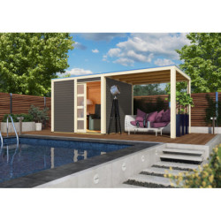 Abri toit plat en bois massif 19mm Qubic 6,05m² + appentis 5,6m² gris terre - Karibu
