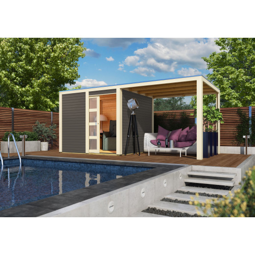 Abri toit plat en bois massif 19mm Qubic 6,05m² + appentis 5,6m² gris terre - Karibu