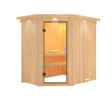 Sauna traditionnel d'angle CARIN 4 à 5 places 68mm avec couronne et porte en verre clair KARIBU