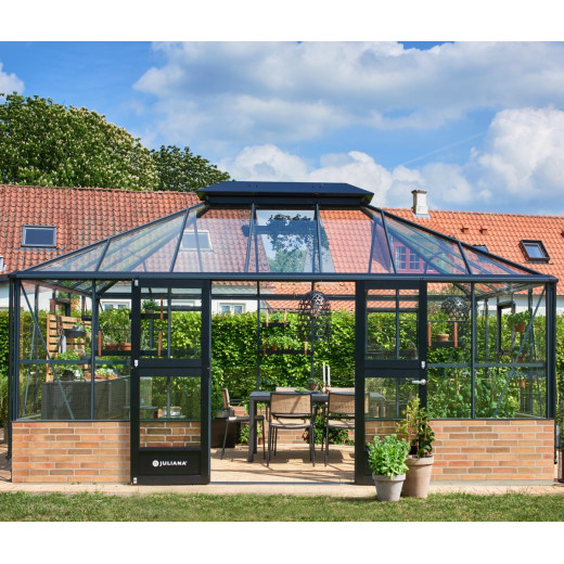 Serre de jardin sur muret 18,8m² anthracite en verre trempé Grand Oase - Juliana