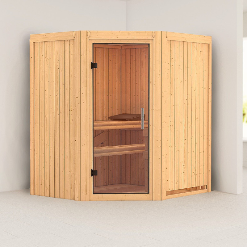 Sauna traditionnel d'angle TAURIN 2 à 3 places 68mm sans couronne - avec porte en verre clair KARIBU