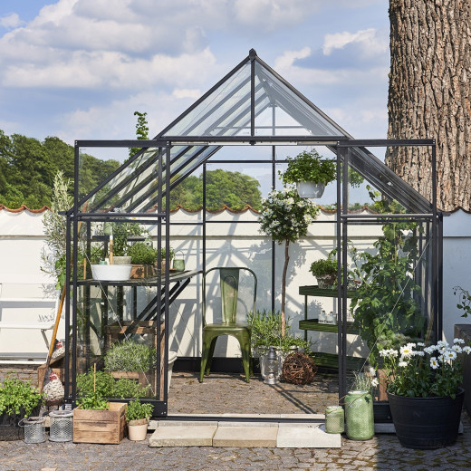Serre de jardin 6,6m² noire en verre trempé Qube - Halls