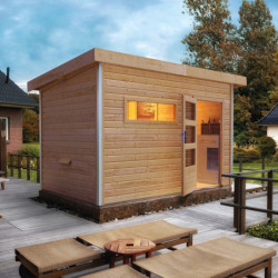 Sauna d'extérieur SKROLLAN 2 en bois massif 38mm 4 à 6 places avec porte moderne et vestibule - KARIBU