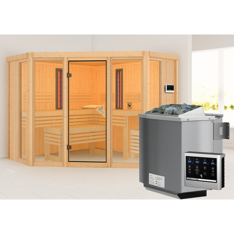 Sauna d'angle multifonctionnel ASTA avec poêle Bio 9kW 4 à 5 places 68mm KARIBU